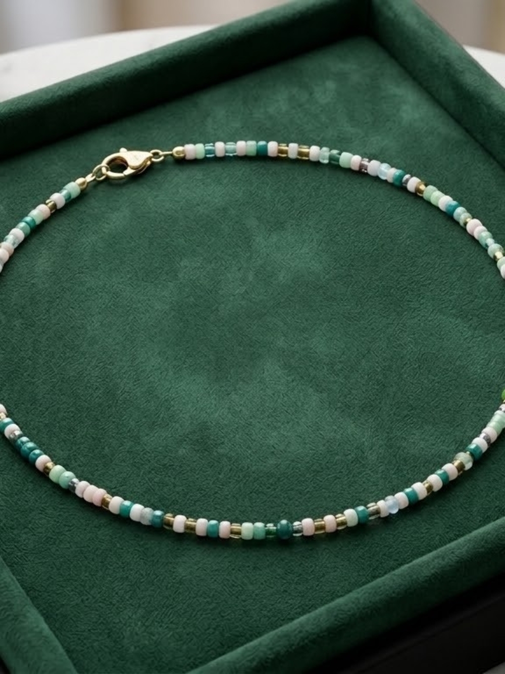 Boho Beaded Seed Bead Choker Necklace | Green, Pink & White
